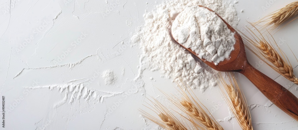 Poster a pile of wheat flour next to a wooden spoon on a white background showcasing a clear copy space ima
