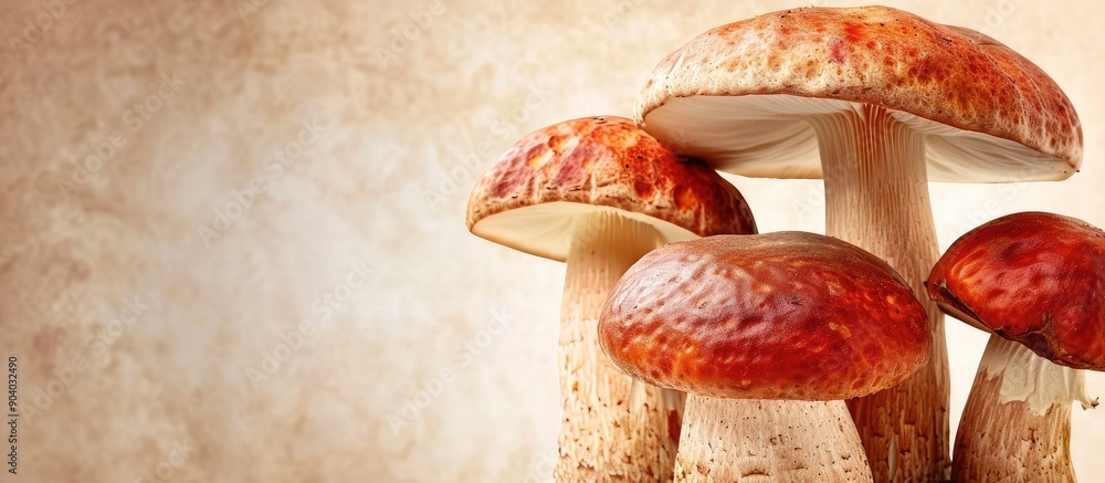 Aufkleber Red cap boletus mushrooms set against a plain background creating a picturesque copy space image