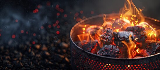 A smoky coal fire burning inside a perforated drum creates a cozy ambiance with copy space image