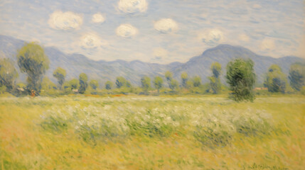 Obraz premium Impressionist summer landscape with rolling hills and lush fields