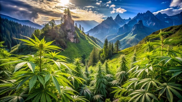 Vibrant green cannabis plants thrive in a majestic mountainous landscape, lush foliage stretching towards the sky amidst rustic terrain and breathtaking natural scenery.