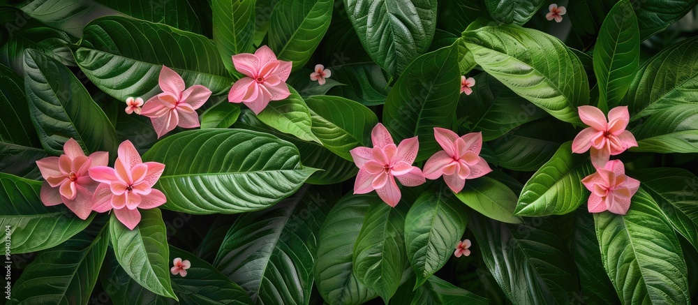 Poster Pentas lanceolata flowers in delicate pink hues are in full bloom surrounded by lush green leaves creating an elegant display in a copy space image