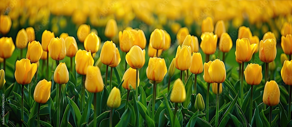 Poster A stunning display of yellow tulips in full bloom during spring creating a beautiful array of tulips in a vivid and colorful copy space image