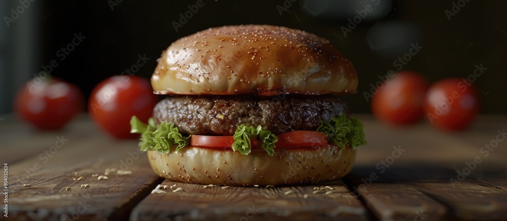 Poster A delicious sandwich made with ground meat patty typically beef served in a sliced bun often containing lettuce tomatoes and condiments. . image with copy space