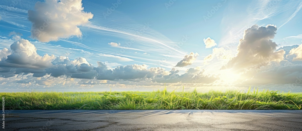 Poster natural landscape with an asphalt road square sunlit sky and clouds suitable for a copy space image