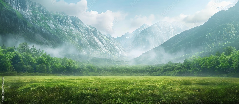 Poster Mountain landscape merging meadow and forest with a copy space image