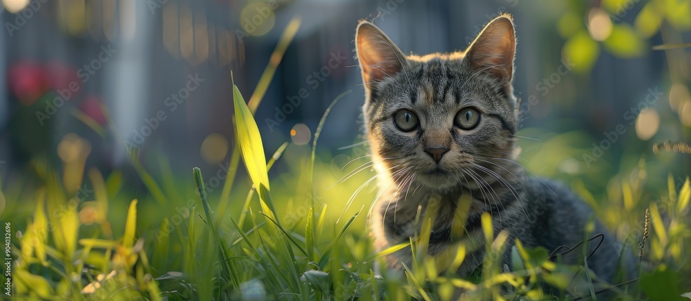 Poster lovely feline in the yard with copy space image