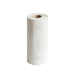 A single roll of white paper towels with a subtle pattern, perfect for kitchen or household cleaning tasks, isolated on a white background.