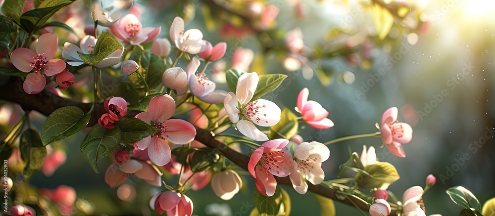 Poster Spring garden setting with a blooming apple tree branch creating a picturesque scene with copy space image