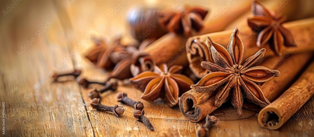 Poster Table setting with anise star cinnamon sticks and cloves creating a warm and aromatic display in a copy space image