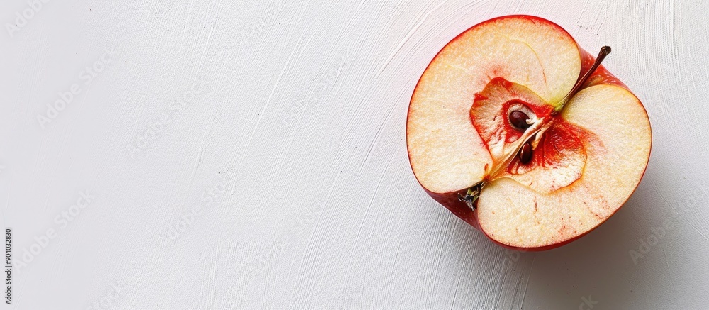 Poster a succulent apple slice displayed against a white backdrop with copy space image