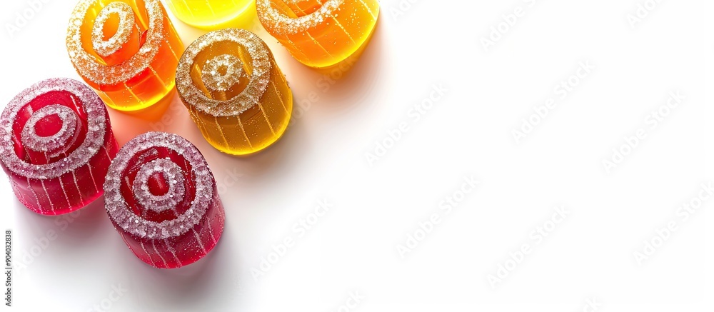 Poster colorful gummy jelly candy rolls isolated against a white backdrop with ample copy space image