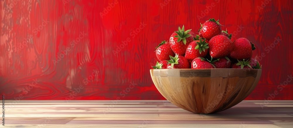 Aufkleber a wooden surface with a bowl of ripe strawberries on a vibrant red backdrop ideal for a copy space i