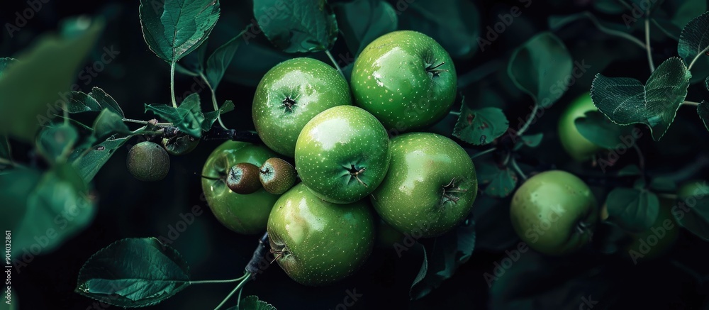 Poster Green apples on a branch intertwined with other fruits after blooming creating a picturesque copy space image