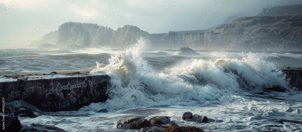 Poster Coastal scene with ocean waves crashing against an old wall and rock creating a serene copy space image