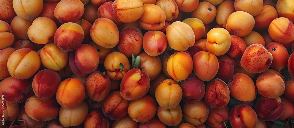Poster fresh apricots displayed for sale in the market with a copy space image