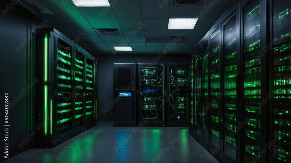Poster a high-tech server room displaying green illuminated servers, showcasing a modern data center's infr