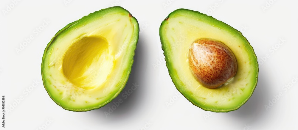 Poster Avocado cut in half showcased on a white background with a clipping path for a clear copy space image
