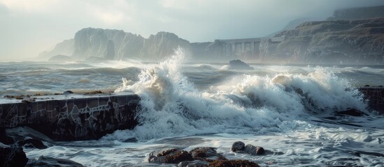 Fototapeta premium Coastal scene with ocean waves crashing against an old wall and rock creating a serene copy space image