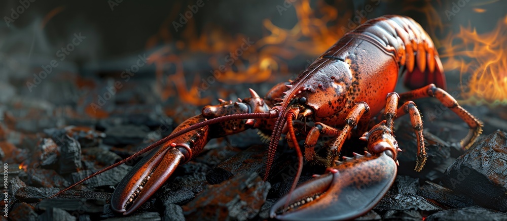 Poster Close up image capturing a grilled lobster barbecue with a charcoals background with copy space image