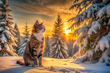 Obraz premium Serene winter scene featuring a majestic cat standing still, gazing upwards, surrounded by snow-covered trees, amidst warm orange sunset hues in a peaceful forest.