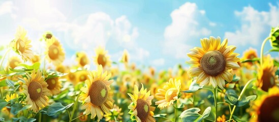 A sunny day showcases a vast field of blooming sunflowers with copy space image