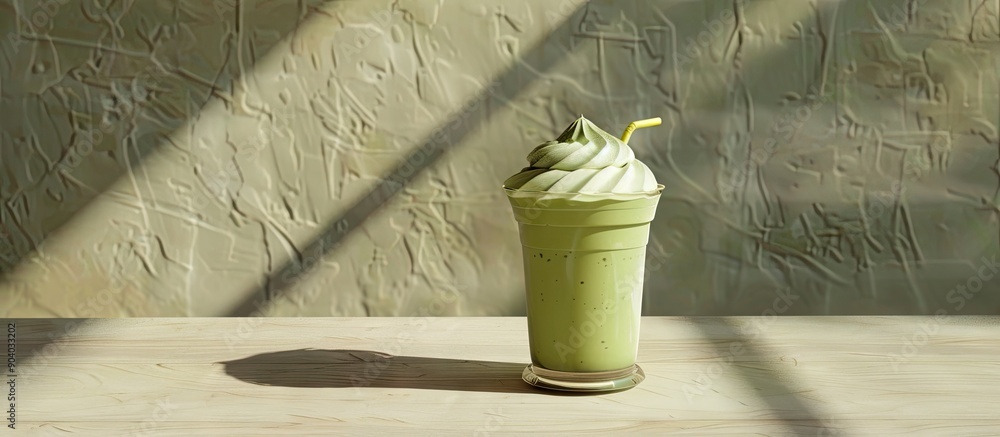 Poster A green tea latte frappe is displayed on a table next to a blank copy space image