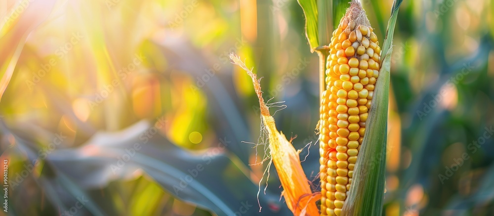 Aufkleber Close up image of a corn cob on a stem in a field damaged by pests with plenty of blank space for text or graphics. . image with copy space