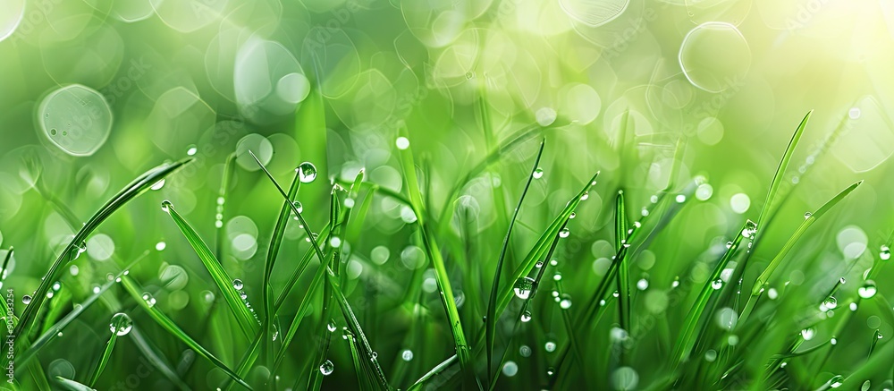 Poster green grass with water droplets featuring shallow depth of field in copy space image