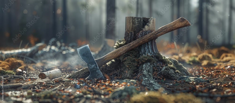 Poster An axe embedded in a log with neatly chopped wood around it creating a rustic scene with a prominent copy space image