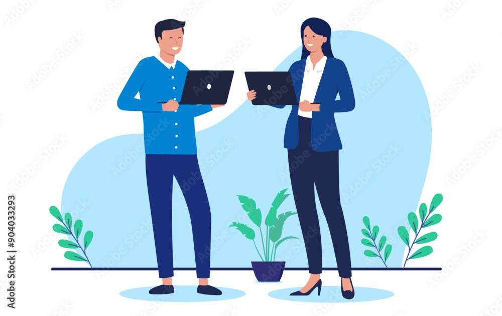 Poster man and woman with laptop - vector illustration of two businesspeople holding pc computers in hand s
