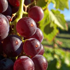Close-up of vibrant red grapes glistening in sunlight, reflecting their natural freshness.