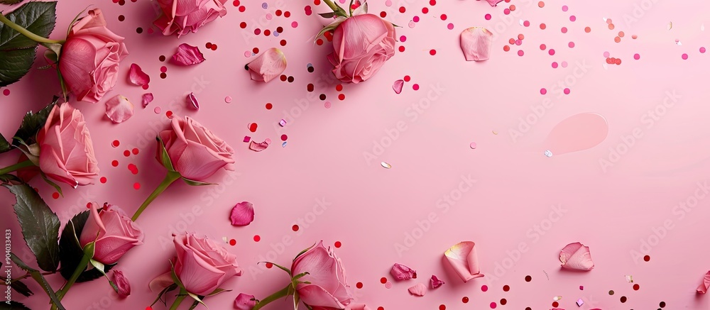 Aufkleber Valentine s Day background with a frame composed of rose flowers and confetti on a pink backdrop ideal for featuring copy space image