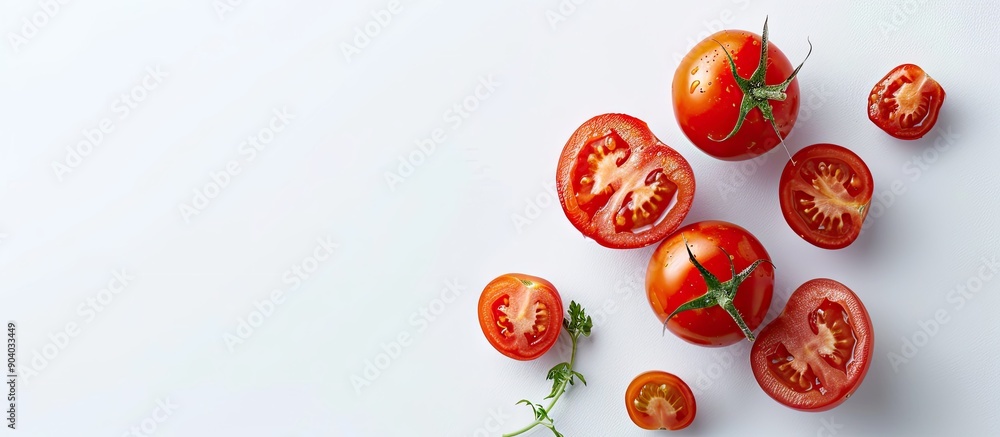 Poster Tomato vegetables with one whole and sliced displayed on a white background for a copy space image