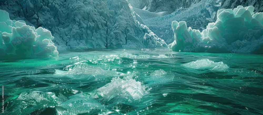 Poster Scene showcasing ice floating in a bay with emerald green waters ideal for a copy space image capturing the winter ambiance