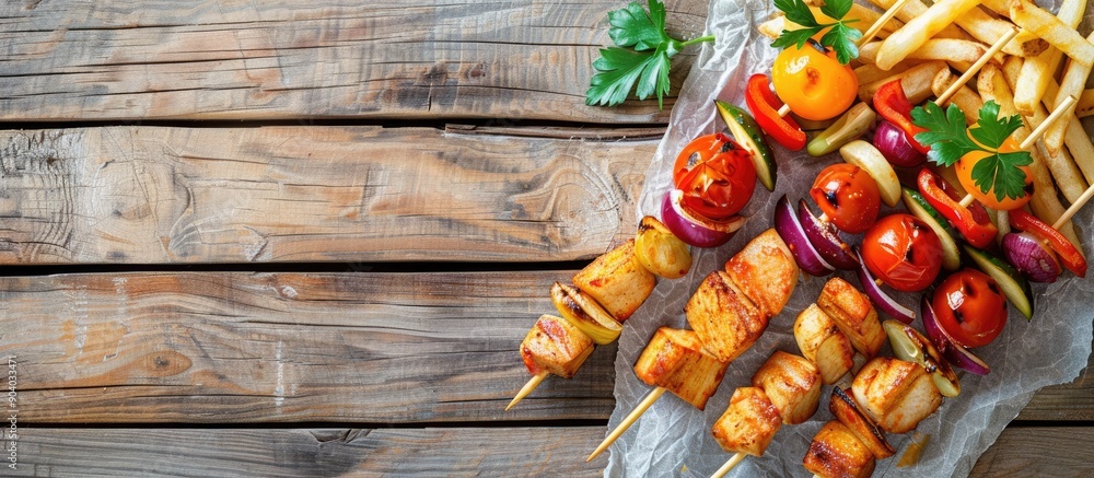 Poster skewer with fresh fries on a wooden backdrop creates an inviting copy space image