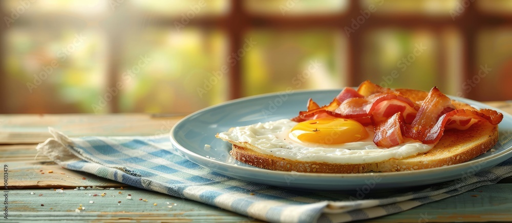 Poster Plate with delicious grilled bread fried egg and crispy bacon displayed on a table with a blank area for additional content in the image
