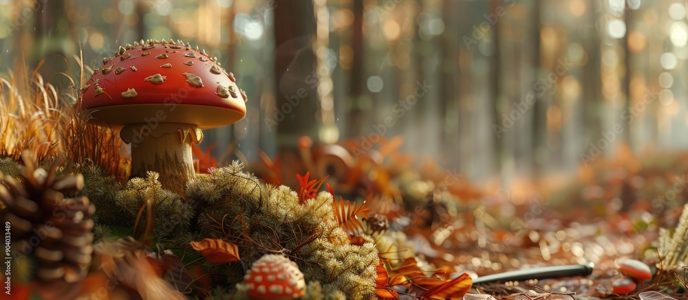 Aufkleber autumnal pine forest setting showcasing a chestnut colored cap mushroom the bay bolete or imleria ba