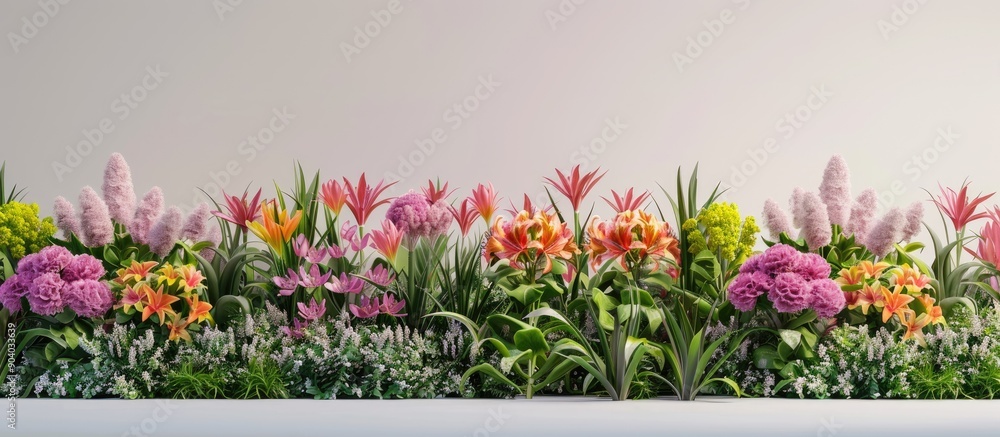 Poster Calandiva plants displayed in rows with pink green and yellow blooms on a plain background for a visually appealing copy space image