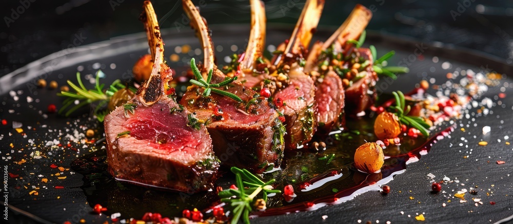 Poster a rack of lamb cooked in fragrant olive oil herbs and spices creating a mouthwatering dish with a be