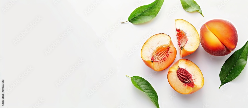Aufkleber Ripe peach with leaf and slice on white backdrop in image with copy space Includes clipping path in file