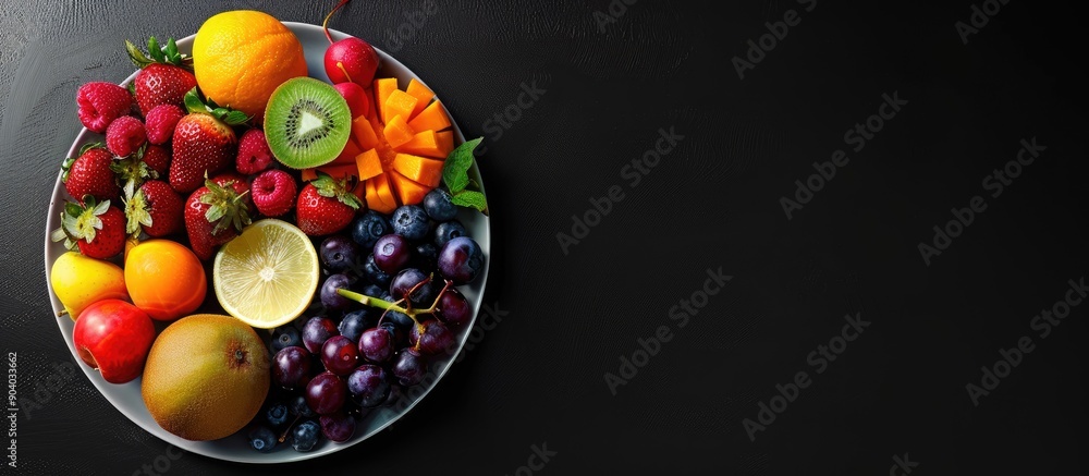 Poster arrange various fruits in an appealing pattern on a plate to create an attractive display with copy 