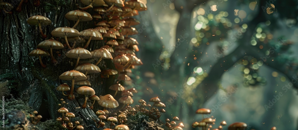 Poster Tiny mushrooms flourishing on an aged tree trunk creating a picturesque scene in a forest setting with copy space image