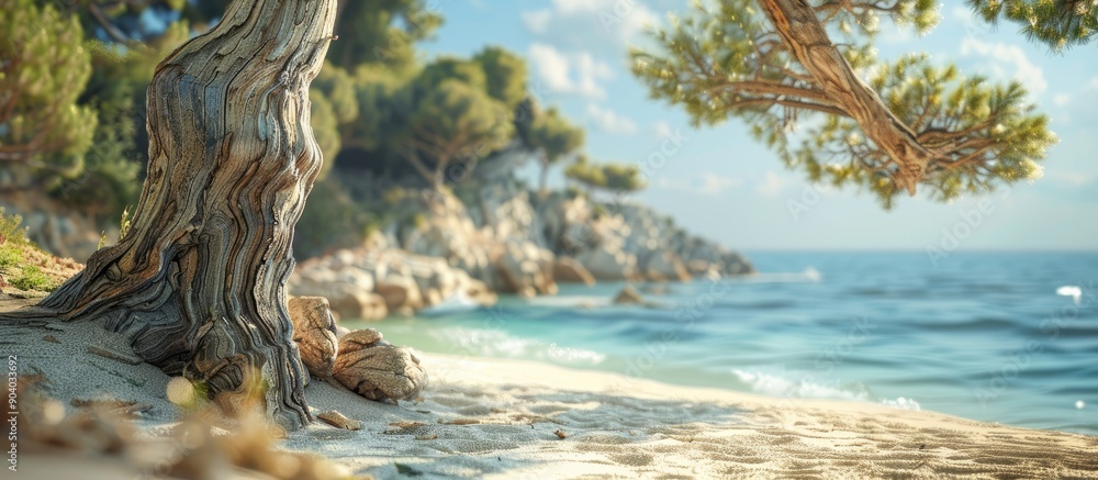 Poster An ancient tree trunk stands tall along the sandy coastline with the sea in the background creating a picturesque scene with copy space image