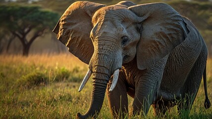 Fototapeta premium Majestic African elephant grazing peacefully in golden grass during sunset.