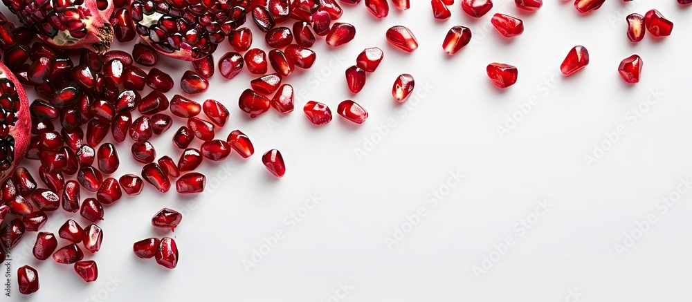 Poster Pomegranate seeds randomly arranged with copy space on a white background