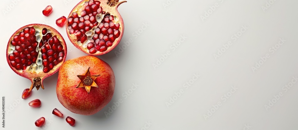 Poster Pomegranate halves displaying seeds on a white background providing copy space image