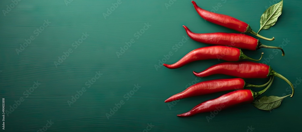 Aufkleber red chili peppers arranged on a green backdrop with copy space image