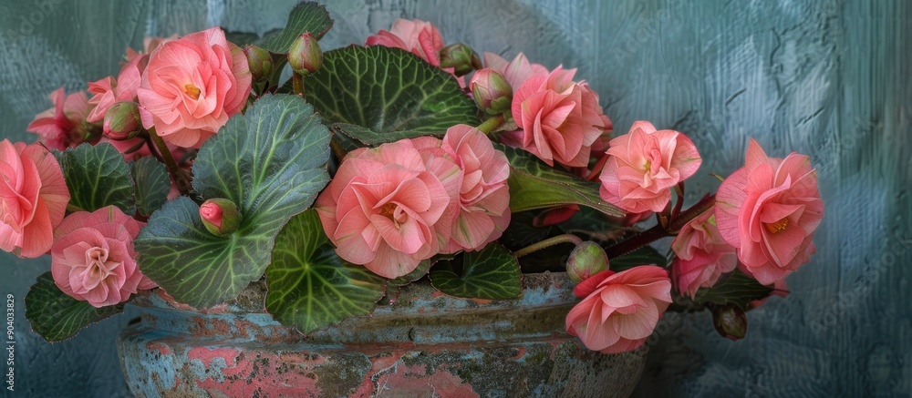 Poster Detailed close up photograph of pink begonia flowers in a pot showcasing textures patterns and intricate details in natural light with a copy space image