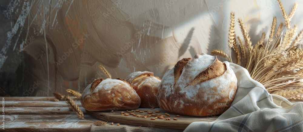 Poster Rustic table showcasing freshly baked bread with wheat creating a cozy setting with copy space image